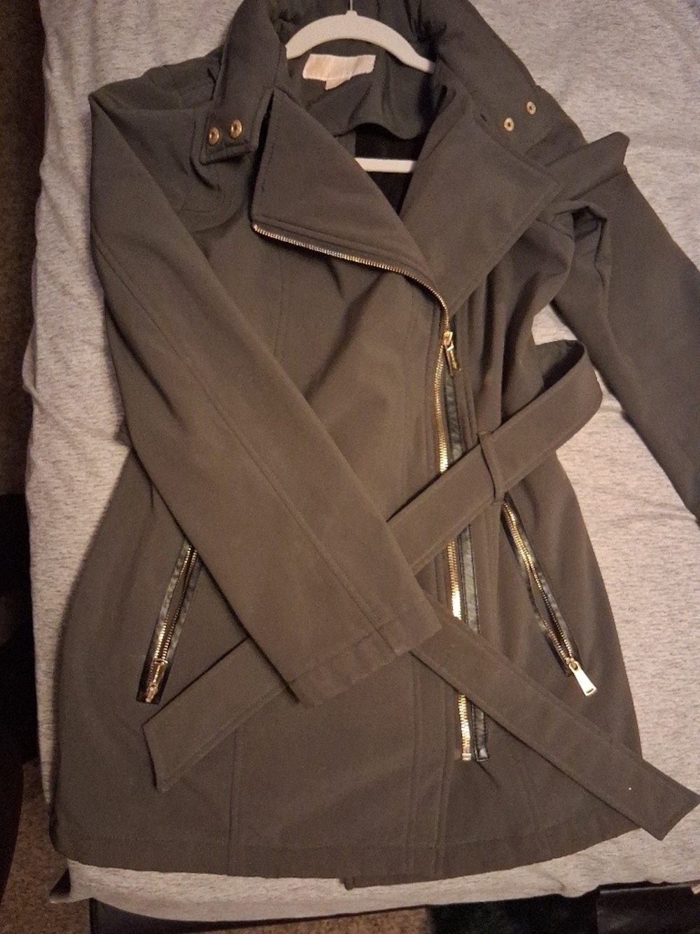 MICHAEL Michael Kors Olive Green Belted Trench Coat with Gold Hardware